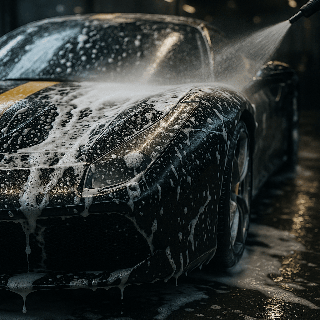 Fahrzeug wird mit weißem Aktivschaum für die Außenaufbereitung eingesprüht