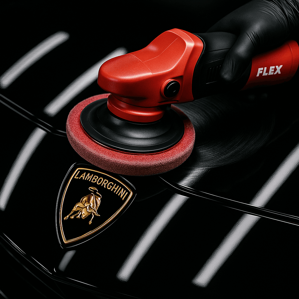 Politur­maschine arbeitet auf der Motorhaube mit spiegelndem Glanz