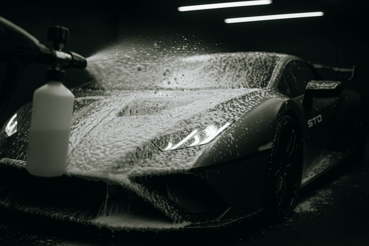 Außenaufbereitung eines Lamborghini – dicke Schaumschicht läuft über die Karosserie