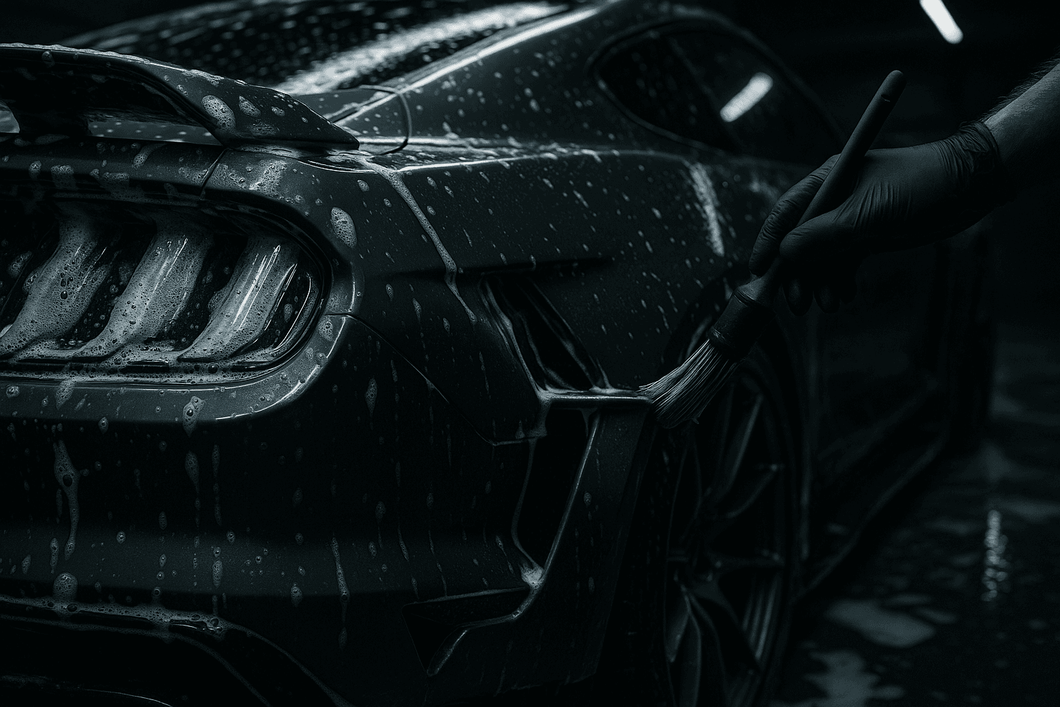 Reinigung von Türfalzen und Emblemen mit Pinsel und Druckluft