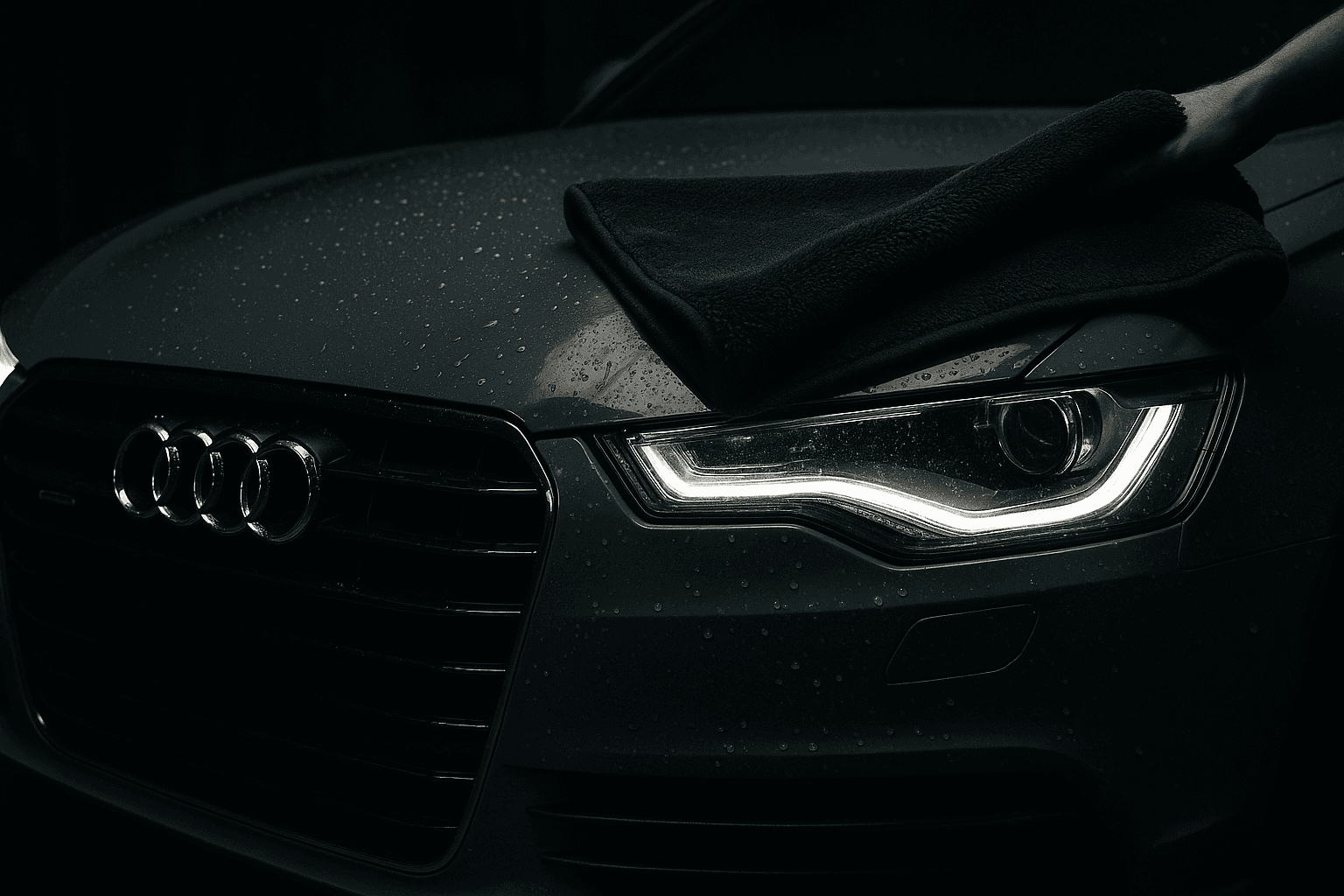 Fahrzeug wird mit Mikrofasertuch sanft abgetrocknet – streifenfreier Glanz