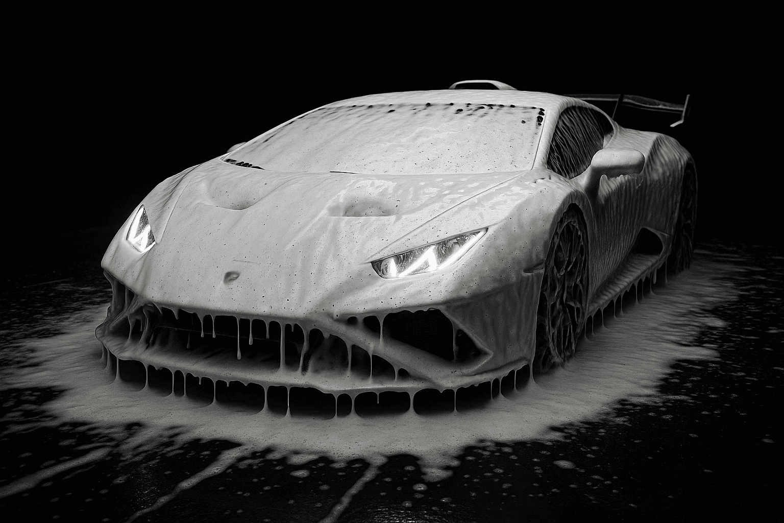 Snow Foam Vorwäsche auf schwarzem Fahrzeug – Schaum läuft über die Karosserie