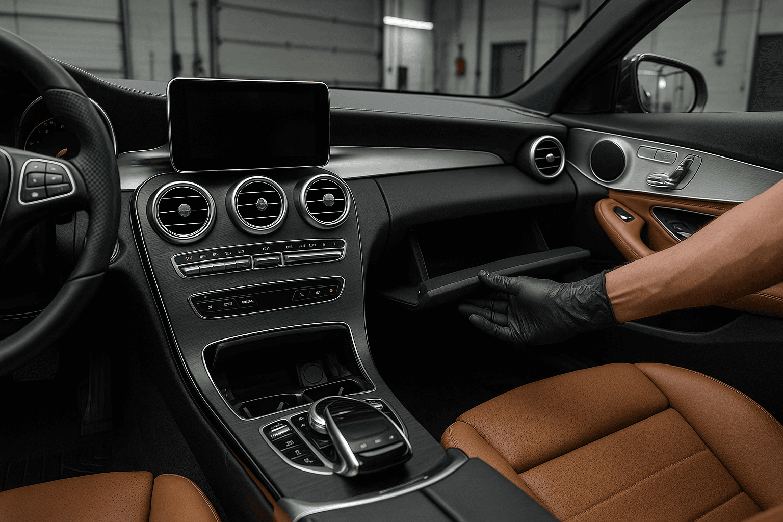 Fahrzeuginnenraum wird vorbereitet – Fußmatten entnommen, grober Schmutz entfernt