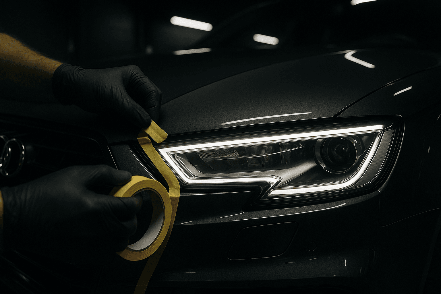 Empfindliche Fahrzeugteile wie Embleme und Gummis werden mit Tape abgeklebt