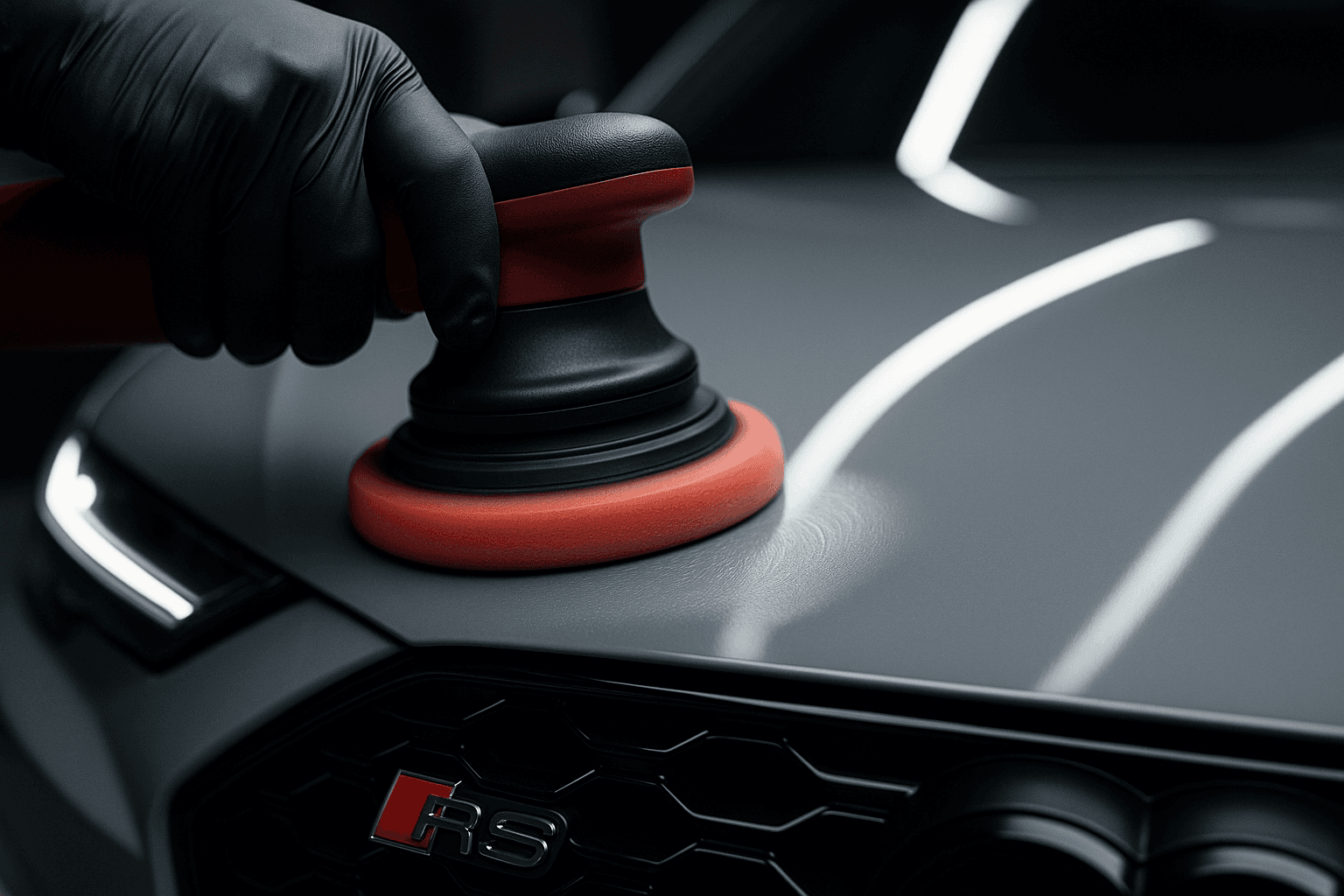 Politurmaschine gleitet über die Motorhaube eines Audi RS6 – spiegelnder Lack