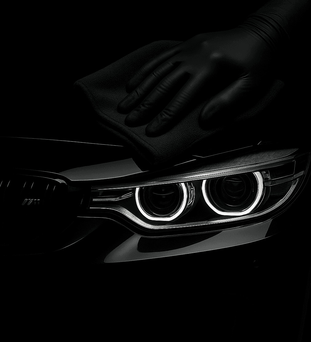 Schwarzer BMW M4 F82 nach der Aufbereitung – Mikrofasertuch wischt über den Scheinwerferbereich